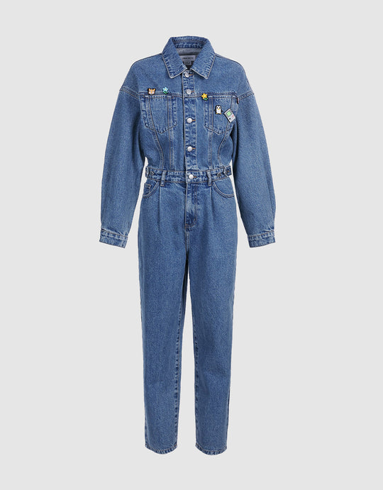 패치 디테일 데님 버튼 프런트 점프수트