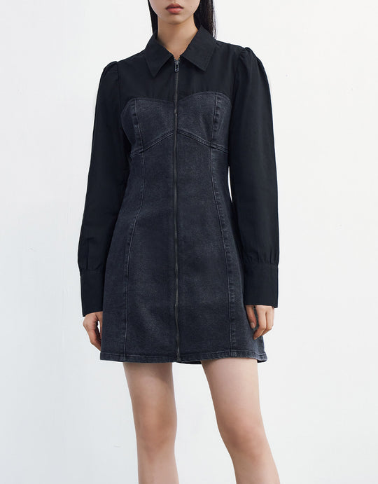 스플라이스 지퍼 프런트 데님 드레스