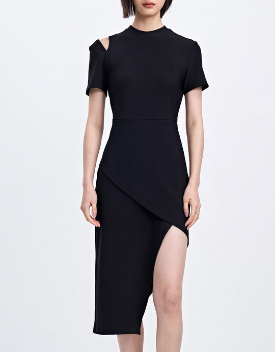 컷아웃 비대칭 밑단 핏 니트 드레스