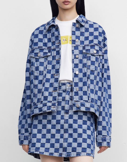 체크무늬 데님 자켓