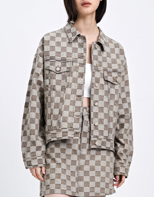 체크무늬 데님 자켓