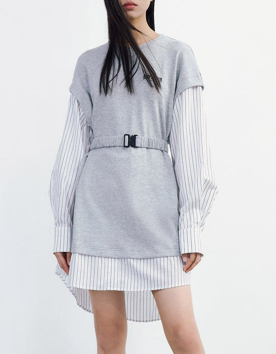 페이크 투피스 스트라이프 벨트 드레스