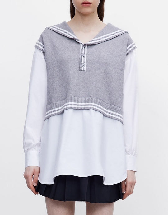 페이크 투피스 V넥 니트 티셔츠