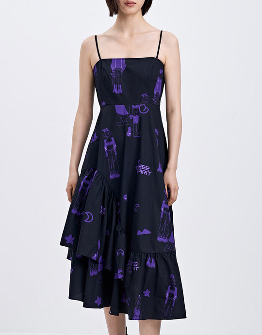 프린트 러플 밑단 캐미 드레스