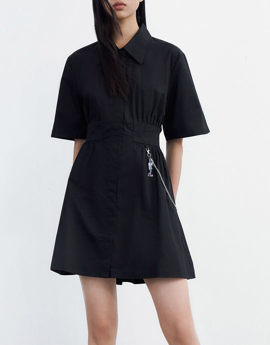 체인 시식 라펠 반팔 드레스