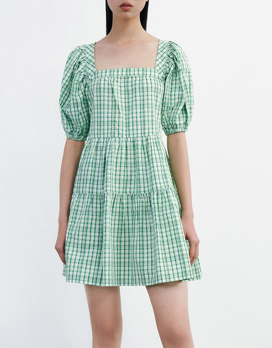 체크무늬 퍼프 슬리브 드레스
