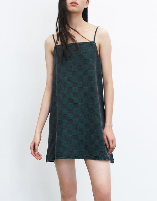 체크무늬 캐미 데님 드레스