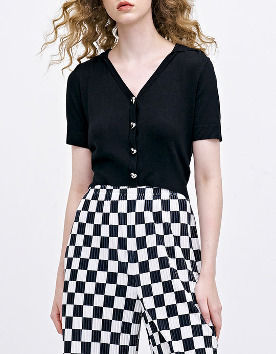 하트 버튼 니트 반팔 가디건