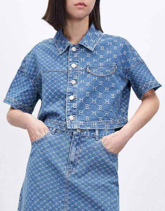 레터 자수 체인 디테일 데님 셔츠