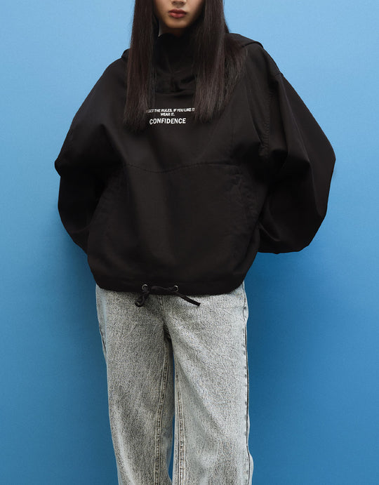 레터 프린트 드로스트링 후드 스웻셔츠