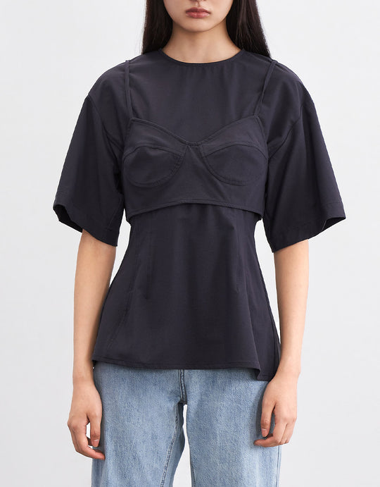 뷔스티에 디테일 드롭 숄더 투인원 블라우스