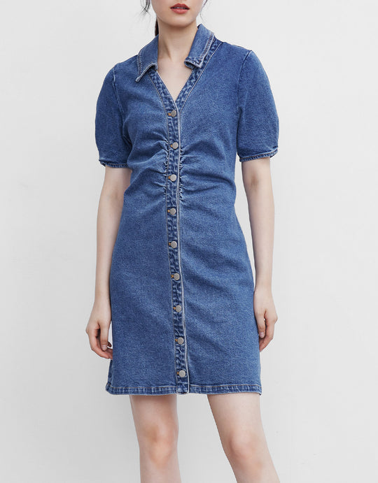 미니멀한 퍼프 슬리브 데님 드레스