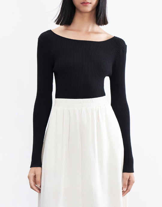 미니멀리즘 보트 넥 골지 니트 탑