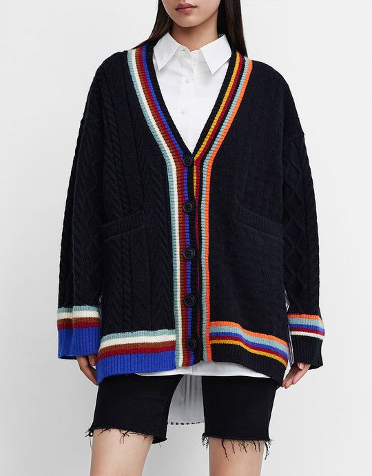 콘트라스트 트림 케이블 니트 카디건