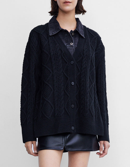 페이크 투피스 케이블 니트 드롭 숄더 카디건