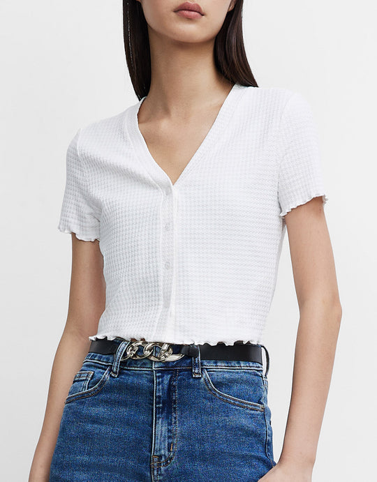 레터스 트리밍 버튼 프론트 티셔츠