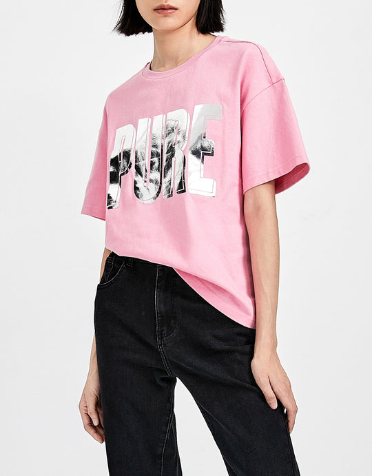 레터 프린트 드롭 숄더 티셔츠