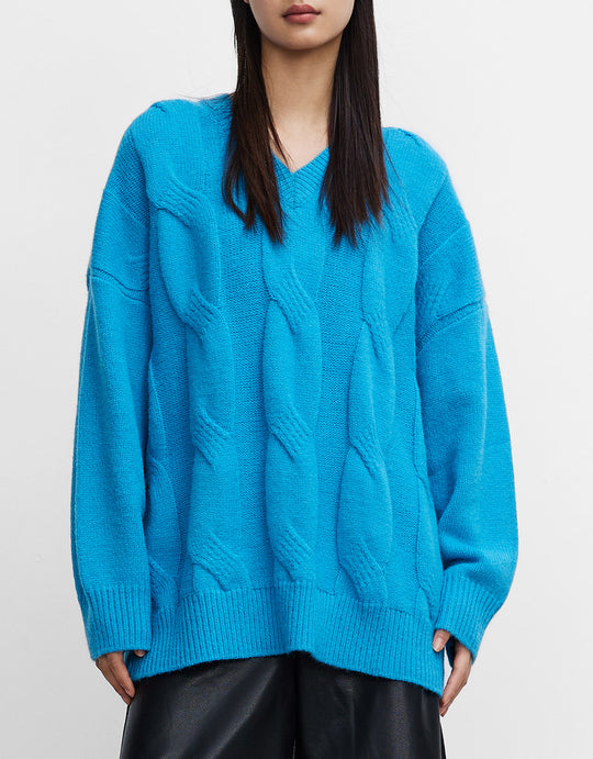 케이블 니트 V넥 오버사이즈 스웨터