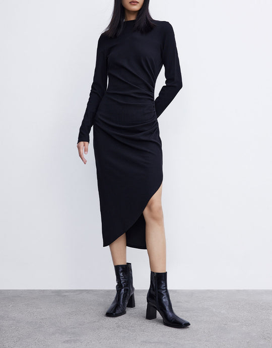 프론트 플리츠 스플릿 헴 바디콘 드레스