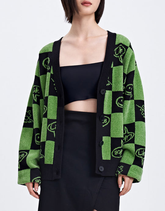 체크무늬 스마일 페이스 버튼업 가디건