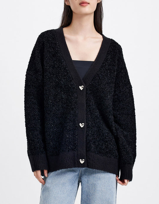 하트 버튼 디테일 V 넥 오버사이즈 가디건
