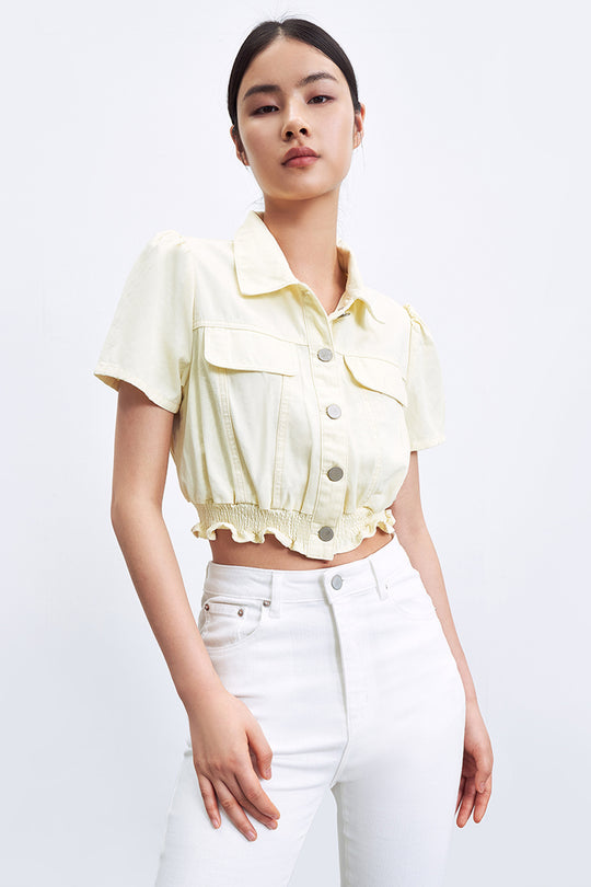 퍼프 소매 셔츠 카라 데님 셔츠