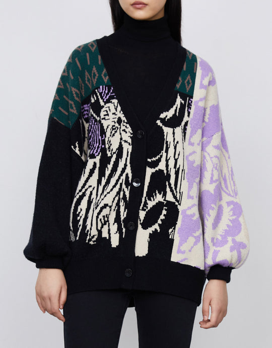 퍼프 소매 리브드 크루넥 가디건