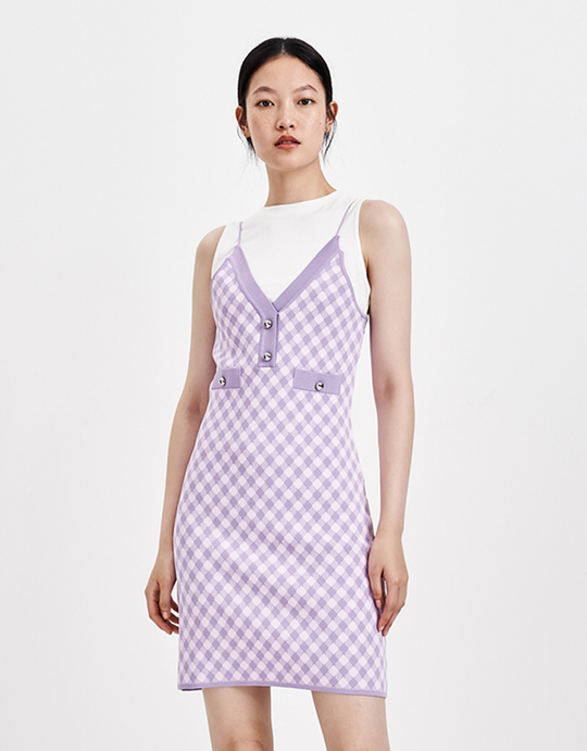 페이크 투피스 체크무늬 슬리브리스 니트 드레스