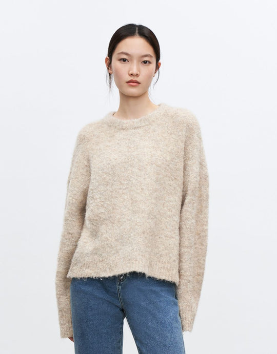 오프 숄더 크루넥 니트 티셔츠